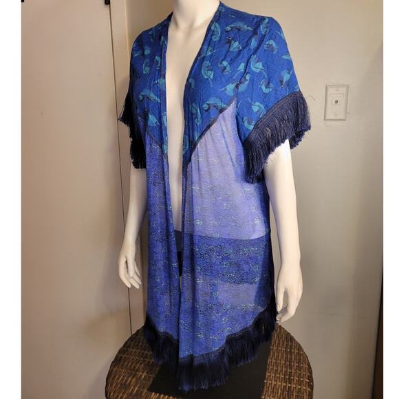 Maaji Fringe Robe Shawl Beach Cover-Up Small Graphic  Dark Floral Indie Boho - Picture 2 of 10